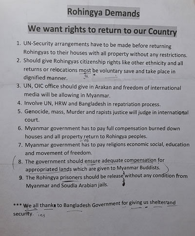 A leaflet with Rohingyas’ nine-point demands. Photo: Abu Taib Ahmed
