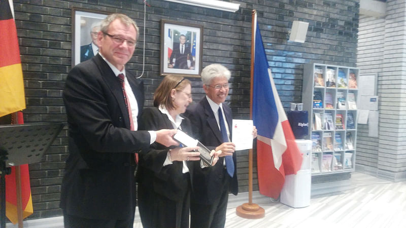 Odhikar secretary Adilur Rahman Khan with  ambassador of France in Dhaka Marie-Anne Bourdin and Germany’s Thomas Prinz on Tuesday. Photo: Prothom Alo