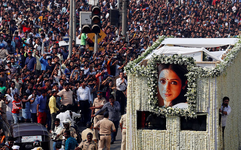 The body of Bollywood actress Sridevi is carried in a truck during her funeral procession in Mumbai. Reuters