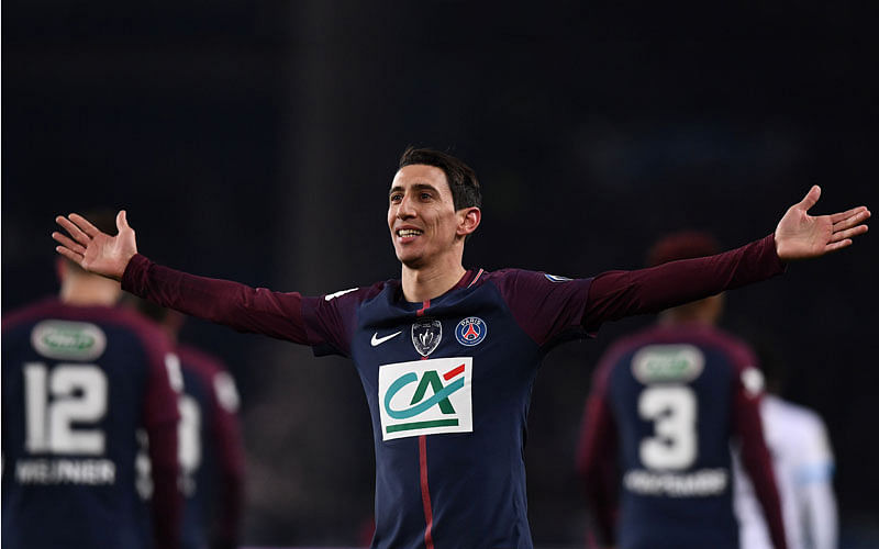 Paris Saint-Germain’s Argentinian forward Angel Di Maria celebrates after scoring a goal during the French Cup quarter-final football match between Paris Saint-Germain (PSG) and Marseille (OM) at the Parc des Princes stadium in Paris on Wednesday. Photo: AFP
