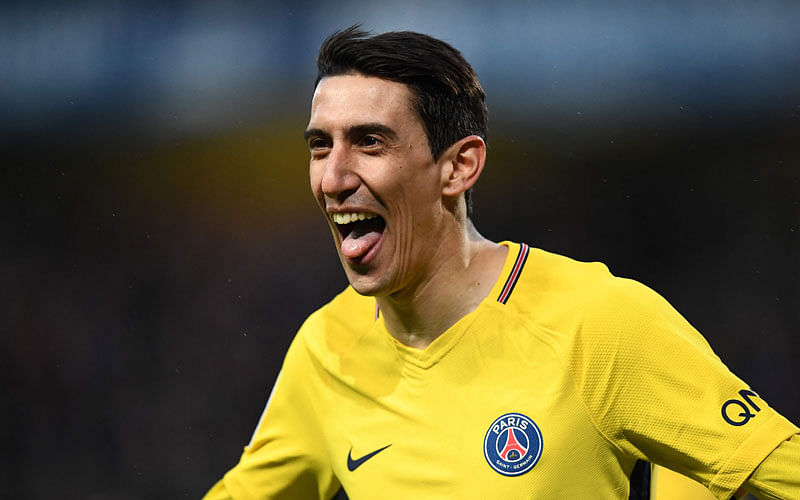 Paris Saint-Germain’s Argentinian forward Angel Di Maria celebrates his goal during the French L1 football match between Troyes and Paris Saint-Germain at the Aube Stadium in Troyes on Saturday. Photo: AFP