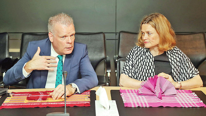 Danish ambassador in Bangladesh Mikael Hemniti Winther and Swedish ambassador Charlotta Schlyter speaking at Prothom Alo office on Sunday. Photo: Prothom Alo