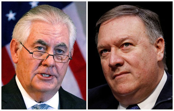 A combination photo shows US Secretary of State Rex Tillerson (L) in Addis Ababa, Ethiopia, 8 March, 2018, and Central Intelligence Agency (CIA) director Mike Pompeo on Capitol Hill in Washington, DC, US, 13 February, 2018 respectively. Photo: Reuters