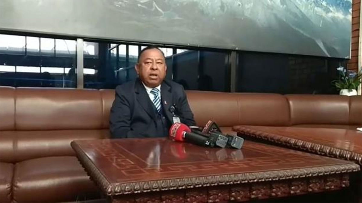 Tribhuvan International Airport general manager Raj Kumar Chhetri is holding a press conference on Friday on the US Bangla plane crash. Photo collected from the Facebook.