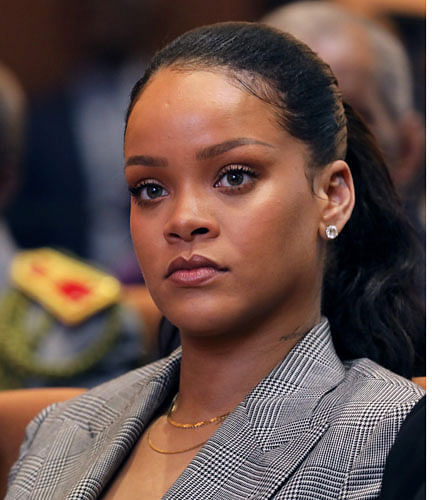 Rihanna attends the conference `GPE Financing Conference, an Investment in the Future` organised by the Global Partnership for Education in Dakar, as part of Macron`s visit to Senegal on 18 February.