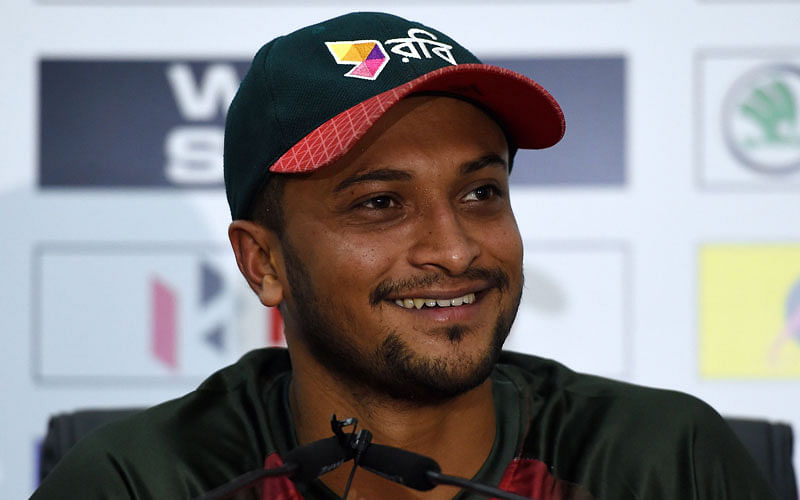Shakib Al Hasan looks on during a press conference after a practice session at the R.Premadasa Stadium in Colombo on 17 March, 2018. Photo: AFP