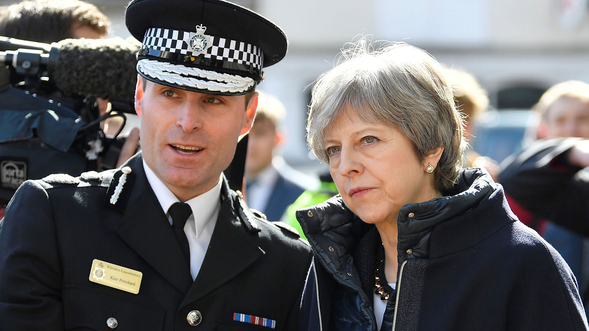 Britain`s prime minister Theresa May visits the city where former Russian intelligence officer Sergei Skripal and his daughter Yulia were poisoned with a nerve agent, in Salisbury, Britain on 15 March 2018. Reuters