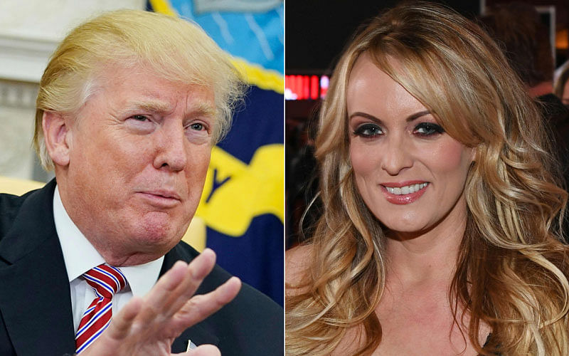 This combination of file pictures created on 14 February, 2018 shows US president Donald Trump speaking during a meeting with bipartisan members of Congress on infrastructure in the Cabinet Room of the White House in Washington, DC; and adult film actress/director Stormy Daniels as she hosts a Super Bowl party at Sapphire Las Vegas Gentlemen`s Club in Las Vegas, Nevada, 4 February, 2018. Photo: AFP