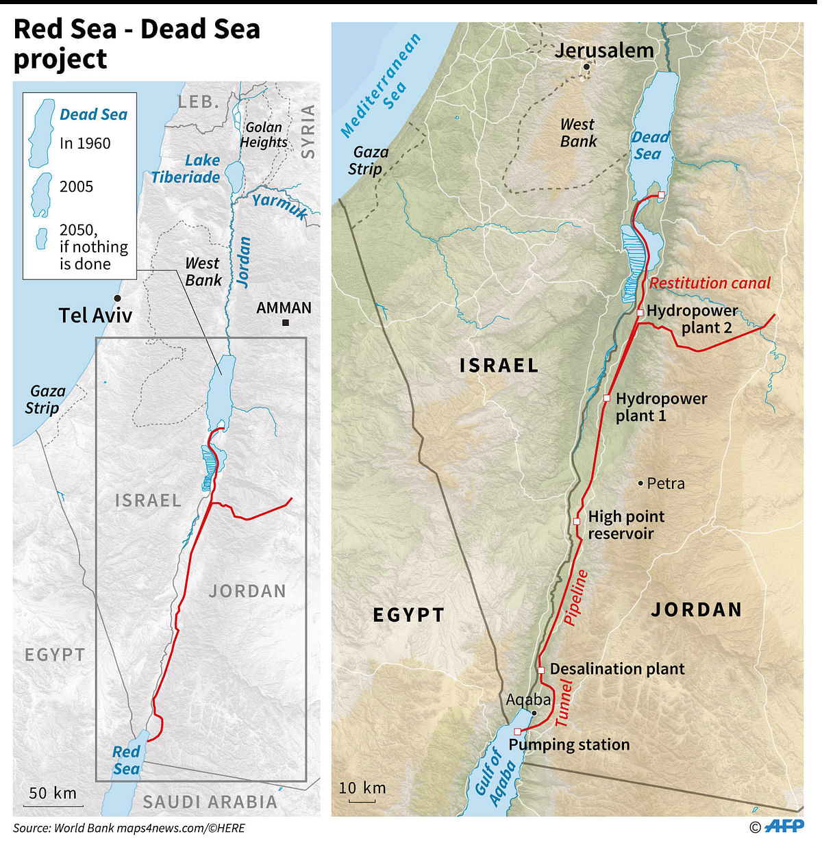 Map of Israel and Jordan showing the possible route of a pipeline, part of a project to bring water from the Red Sea to the Dead Sea. Photo: AFP