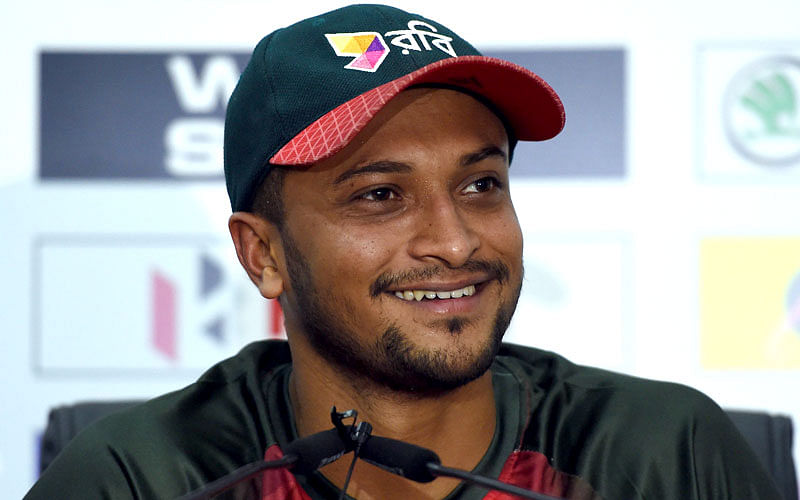 Shakib Al Hasan looks on during a press conference after a practice session at the R.Premadasa Stadium in Colombo on 17 March, 2018. Photo: AFP