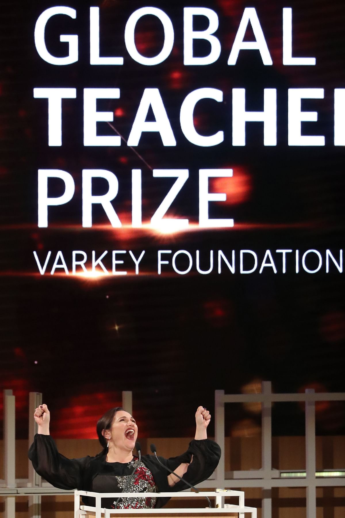 British teacher Andria Zafirakou gives a speech after receiving the `Global Teacher Prize` during an award ceremony in Dubai on 18 March, 2018. Photo: AFP