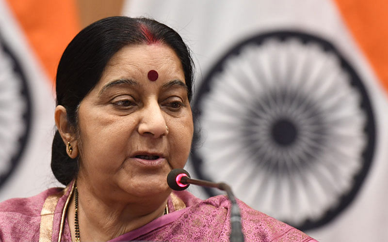 Indian External Affairs Minister Shushma Swaraj addresses a press conference in New Delhi on 20 March 2018. The bodies of 39 Indian construction workers kidnapped in Iraq in 2014 by the Islamic State group have been found in a mass grave, India`s foreign minister said on 20 March.Photo: AFP