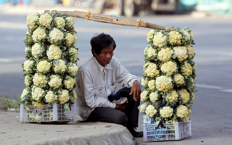 A man rests along the street with his vegetables in Phnom Penh, Cambodia on 20 March. Photo: Reuters