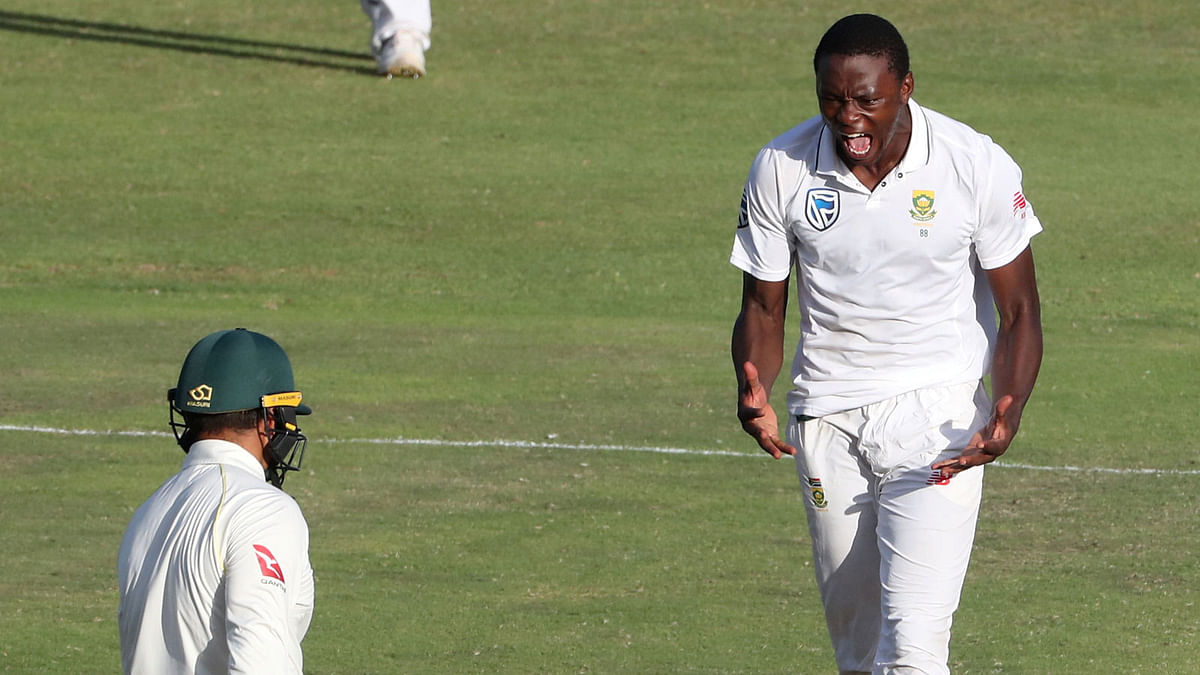 South Africa fast bowler Kagiso Rabada celebrates after taking the wicket of Australia`s Usman Khawaja in the Second Test at St George`s Park, Port Elizabeth, South Africa on 11 March 2018. Reuters