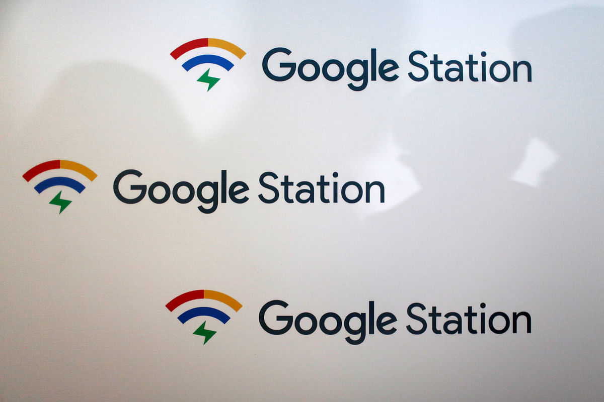 Sign shows Google Station logo before news conference in Mexico City. Reuters file photo