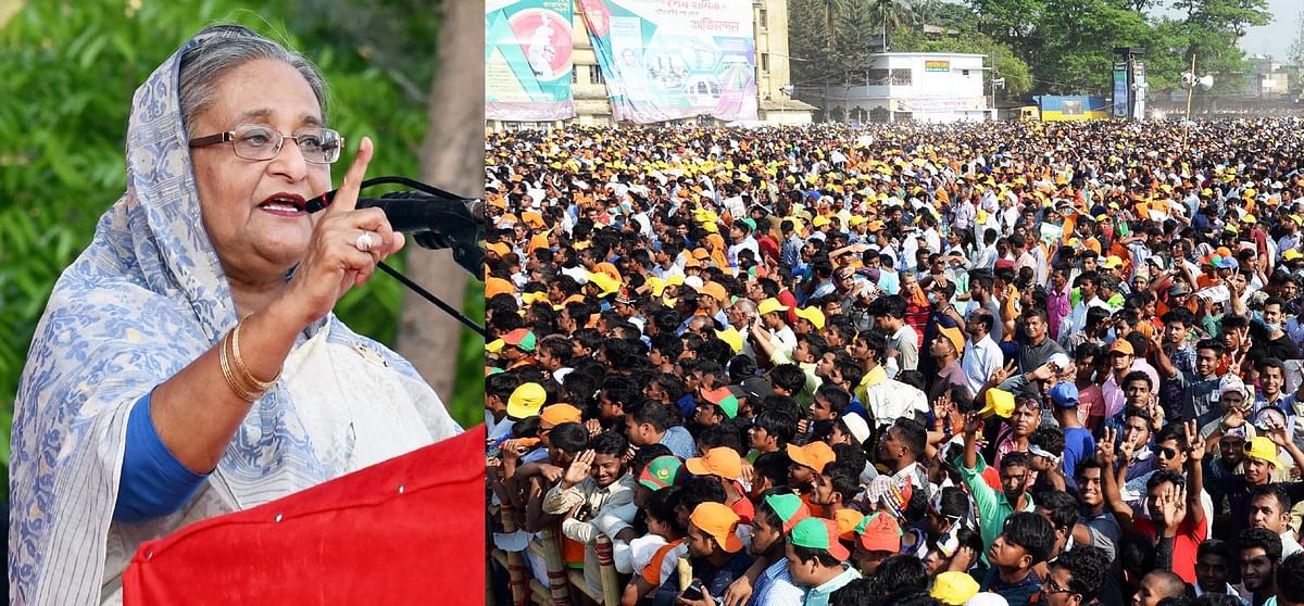 Prime minister Sheikh Hasina addresses a public rally at Patiya Model High School in Chittagong on Wednesday. Photo: PID