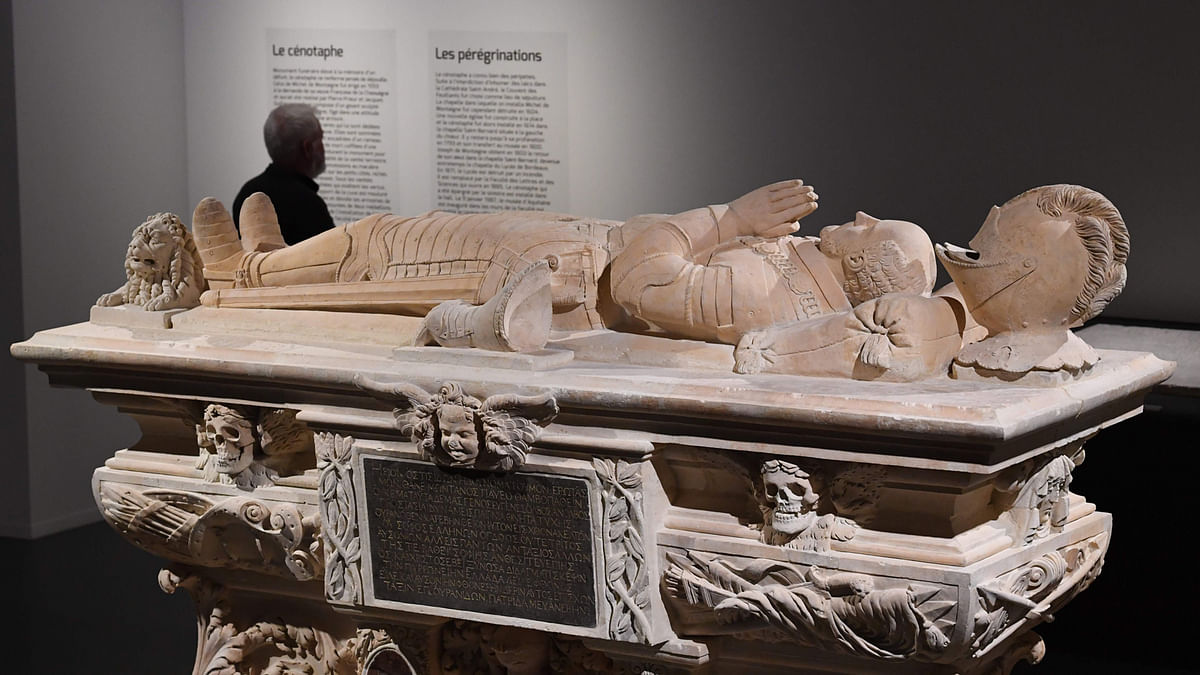 The cenotaph of late French writer Michel de Montaigne (1533-1592) is displayed following restoration works, on 20 March at the Museum of Aquitaine in Bordeaux. Photo:AFP