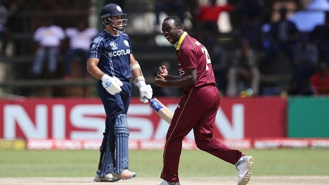 West Indies fast bowler Kemar Roach after taking a wicket. Photo: ICC