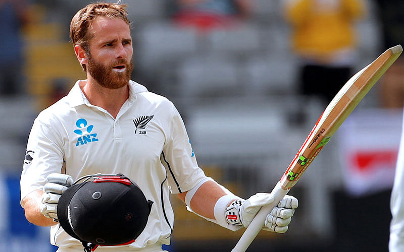 New Zealand`s captain Kane Williamson celebrates reaching his century during the second day of the first cricket Test match against England at Eden Park, Auckland, New Zealand on 23 March 2018. Reuters