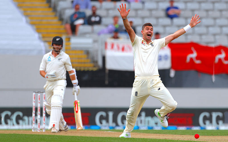 England`s James Anderson appeals sucessfully for LBW for New Zealand`s captain Kane Williamson during the second day of the first cricket test match at Eden Park, Auckland, New Zealand, 23 March 2018. Reuters