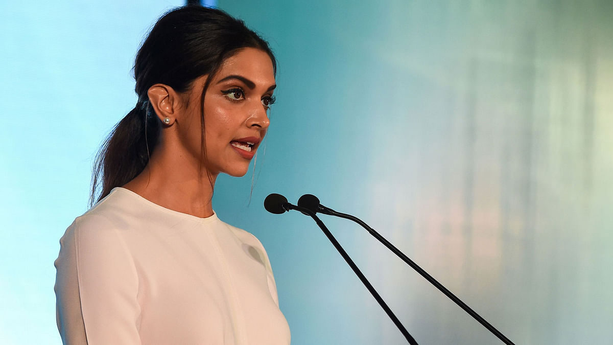 Indian Bollywood actress Deepika Padukone, founder of the Live Love Laugh Foundation, speaks during the unveiling event for a report on the public perception towards mental health in India, in New Delhi on 23 March, 2018. Photo: AFP