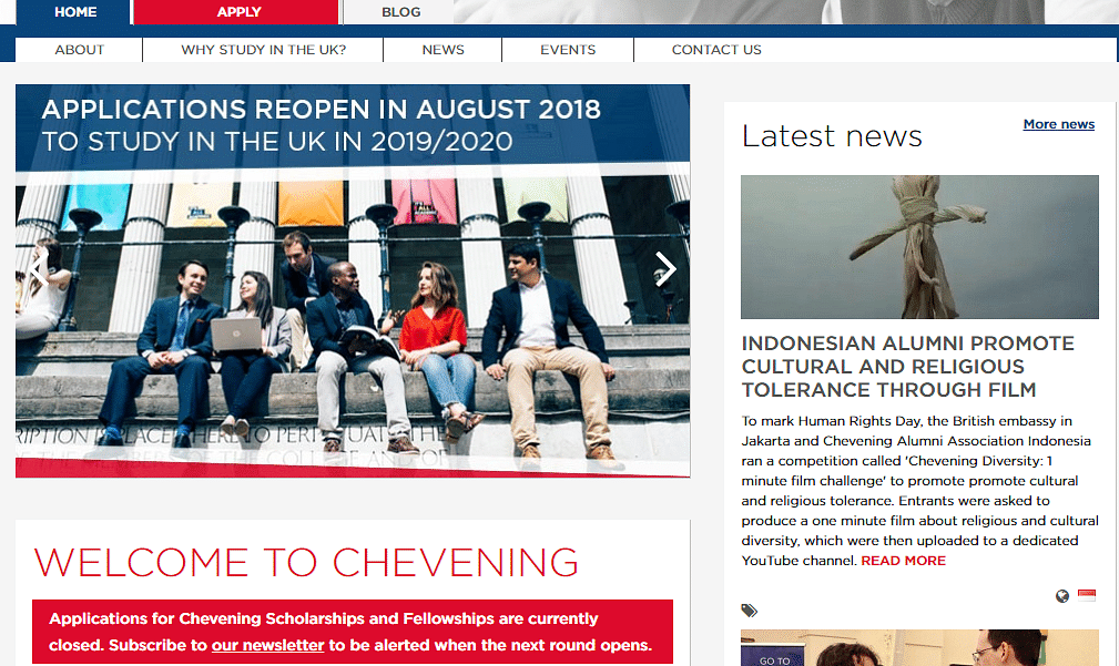 Home page of Chevening Scholarship Programmer`s website