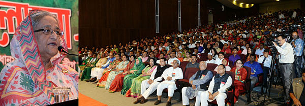 AL president and PM Sheikh Hasina speaks at a discussion meeting in the capital`s Krishibid Institution, Bangladesh on Tuesday. Photo: PID