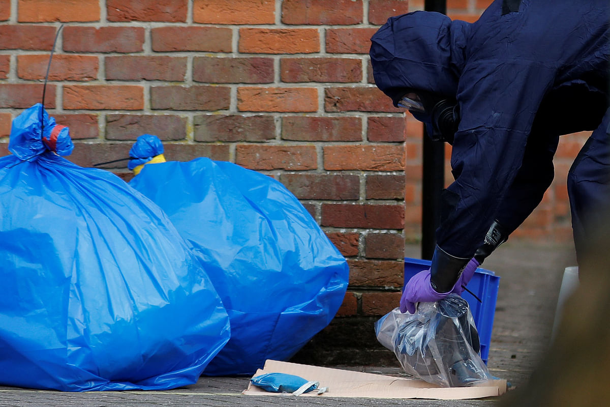 Bags containing protective clothing are seen after Inspectors from the Organisation for the Prohibition of Chemical Weapons left after visiting the scene of the nerve agent attack on former Russian agent Sergei Skripal, in Salisbury. Reuters