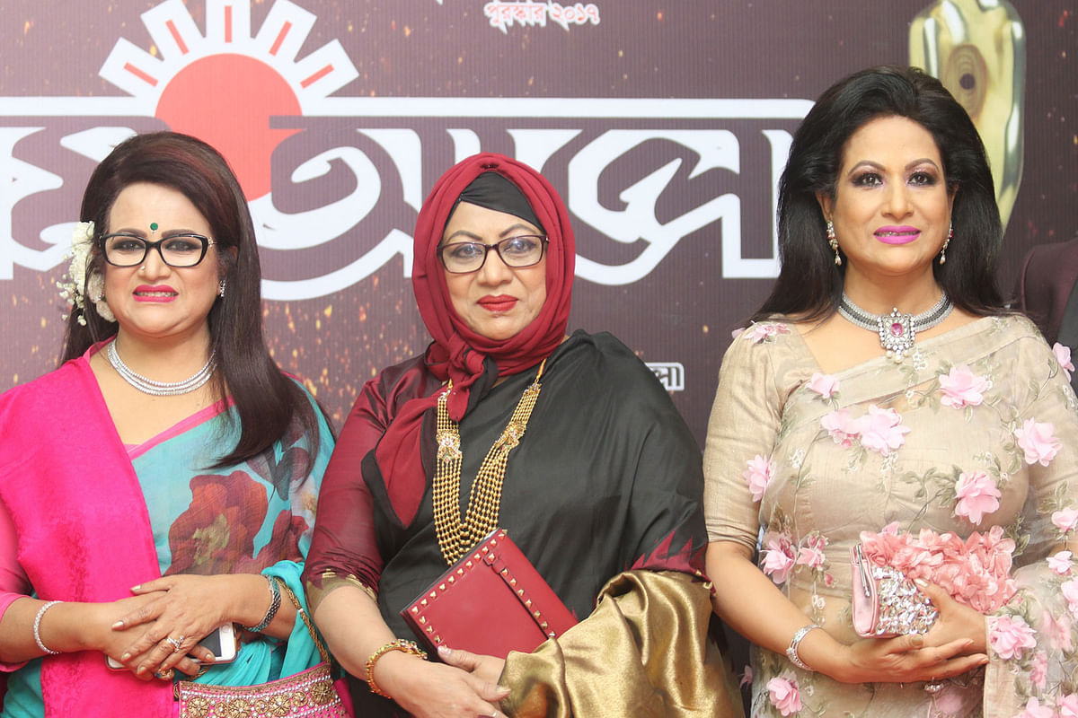 Three gems of Bangla cinema - the sister trio, Babita, Suchanda and Champa pose at the event Photo: Abdus Salalm