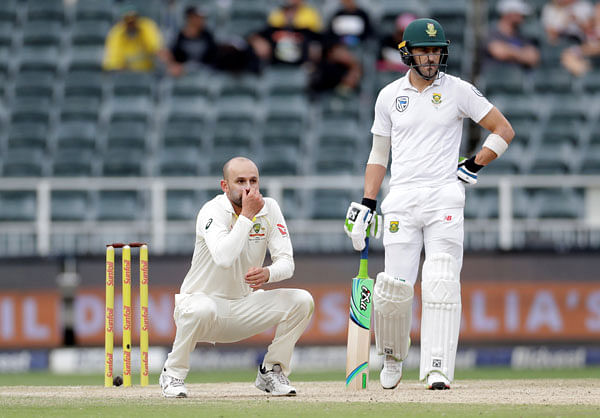Australia’s Nathan Lyon reacts as South Africa`s du Plessis watches in the fourth Test at Wanderers Stadium, Johannesburg, South Africa on 1 April 2018. Reuters