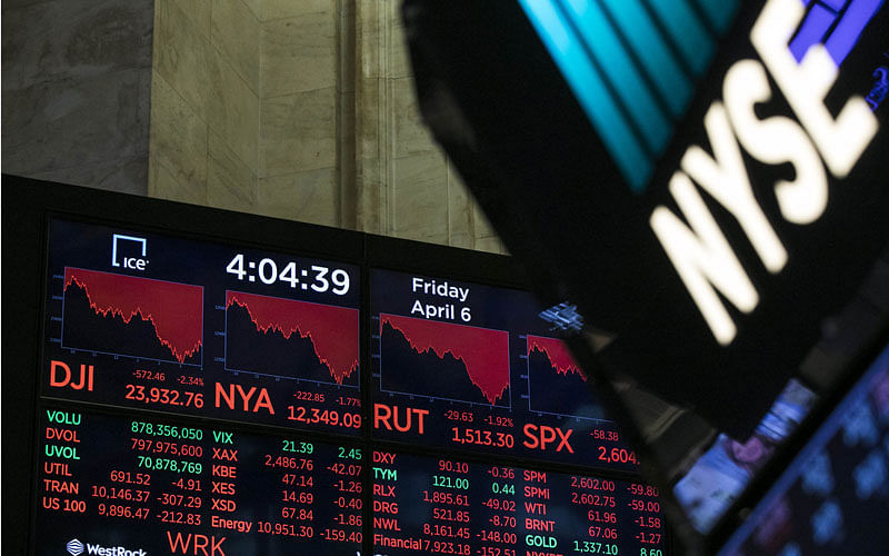 A monitor displays the day`s final numbers after the closing bell on the floor of the New York Stock Exchange (NYSE), on 6 April 2018 in New York City. AFP