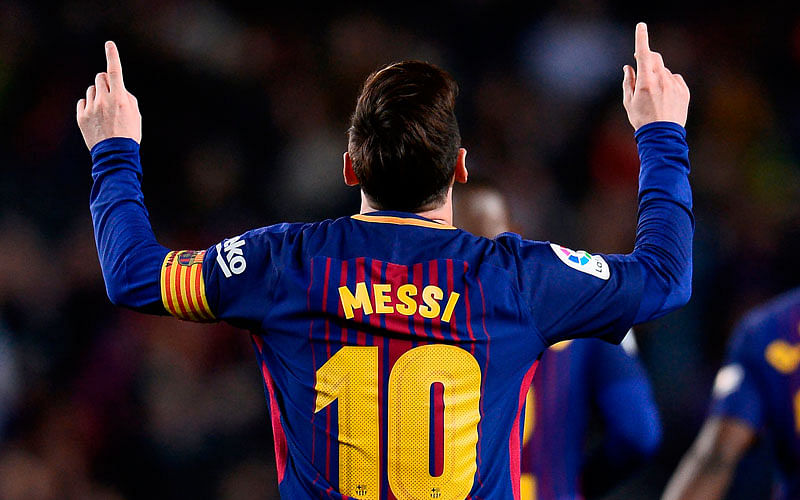 Barcelona’s Argentinian forward Lionel Messi celebrates after scoring a goal during the Spanish league football match between Barcelona and Leganes at the Camp Nou stadium in Barcelona on Saturday. Photo: AFP