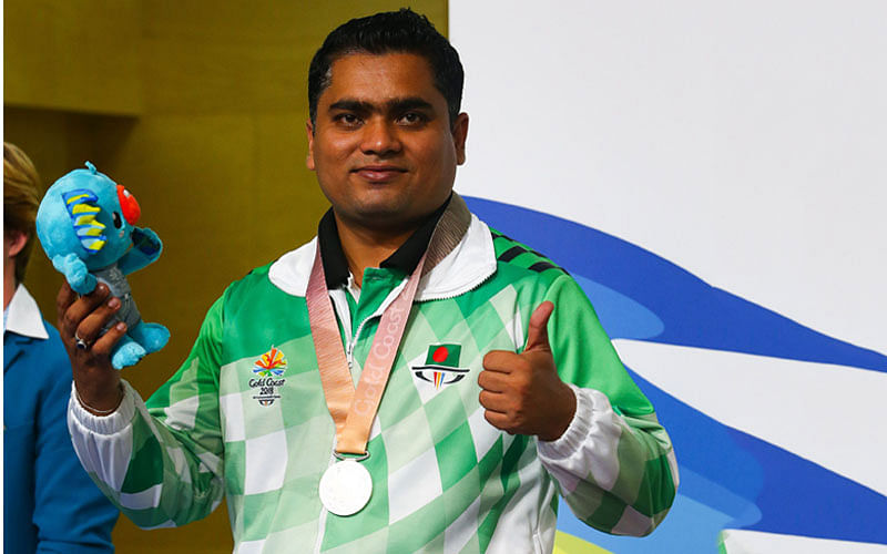 Bangladesh`s silver medallist Abdullah Hel Baki reacts after competing in the 10m air rifle men`s final during the 2018 Gold Coast Commonwealth Games. Photo: AFP