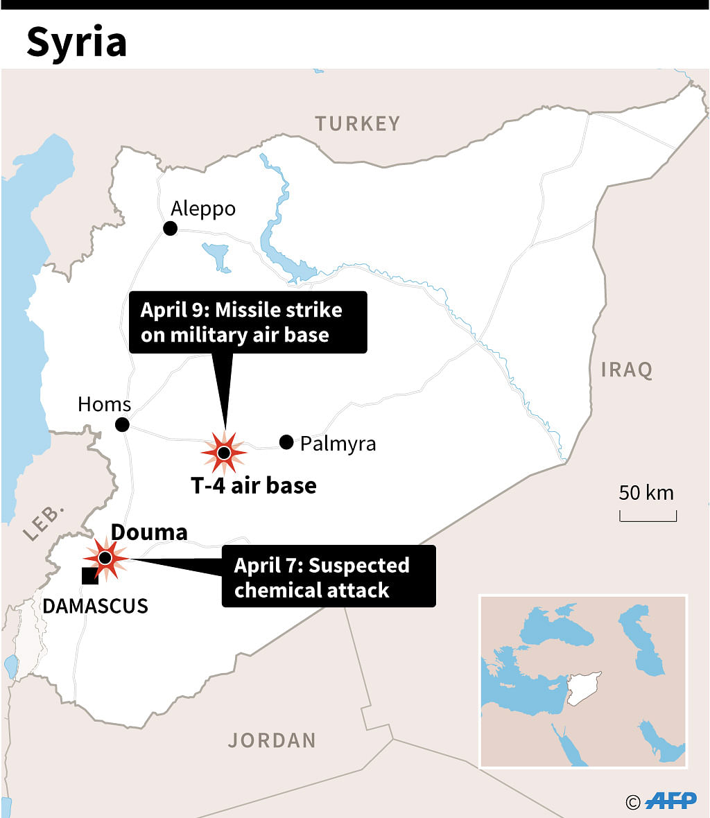 Map of Syria locating a deadly missile strike and suspected chemical attack.  AFP