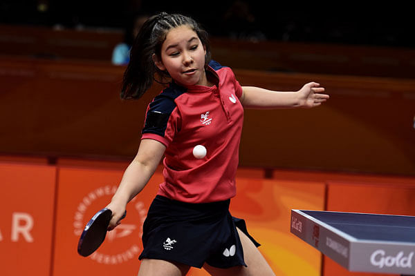 Wales`s Anna Hursey hits a return against Malaysia`s Li Sian Alice Chang during their women`s singles table tennis game at the 2018 Gold Coast Commonwealth Games at the Oxenford Studios venue in Gold Coast on 10 April, 2018. Photo: AFP
