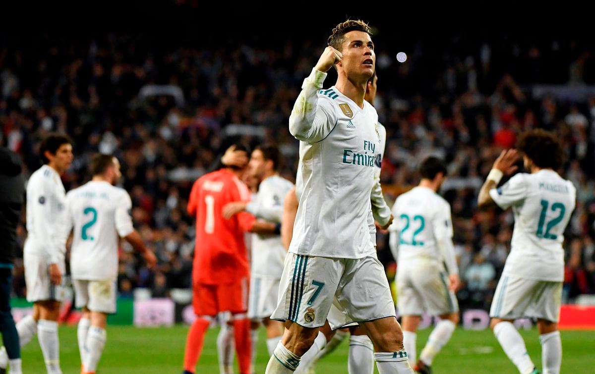 Real Madrid’s Portuguese forward Cristiano Ronaldo celebrates during the UEFA Champions League quarter-final second leg football match between Real Madrid CF and Juventus FC at the Santiago Bernabeu stadium in Madrid on Wednesday. Photo: AFP