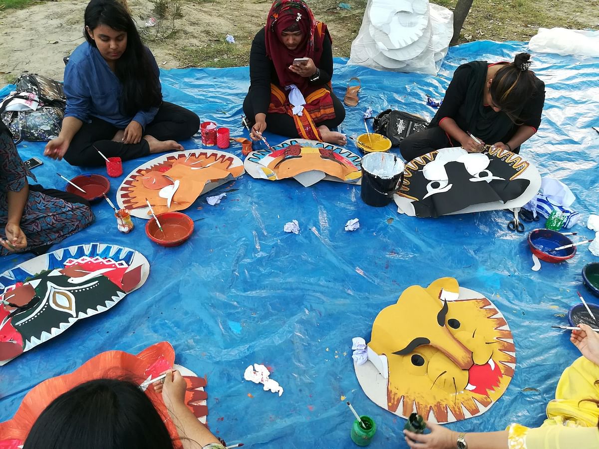 Students of ULAB preparing masks to celebrate Pahela Baishakh. Photo: Collected