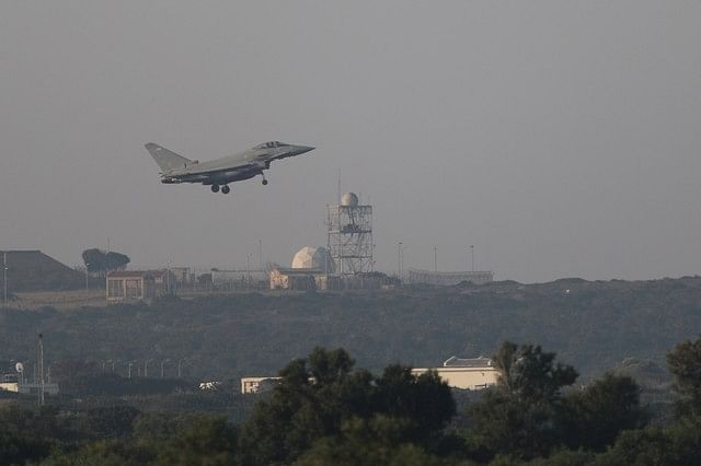 A French fighter jet prepares to land at RAF Akrotiri, a military base Britain maintains on Cyprus, April 14, 2018