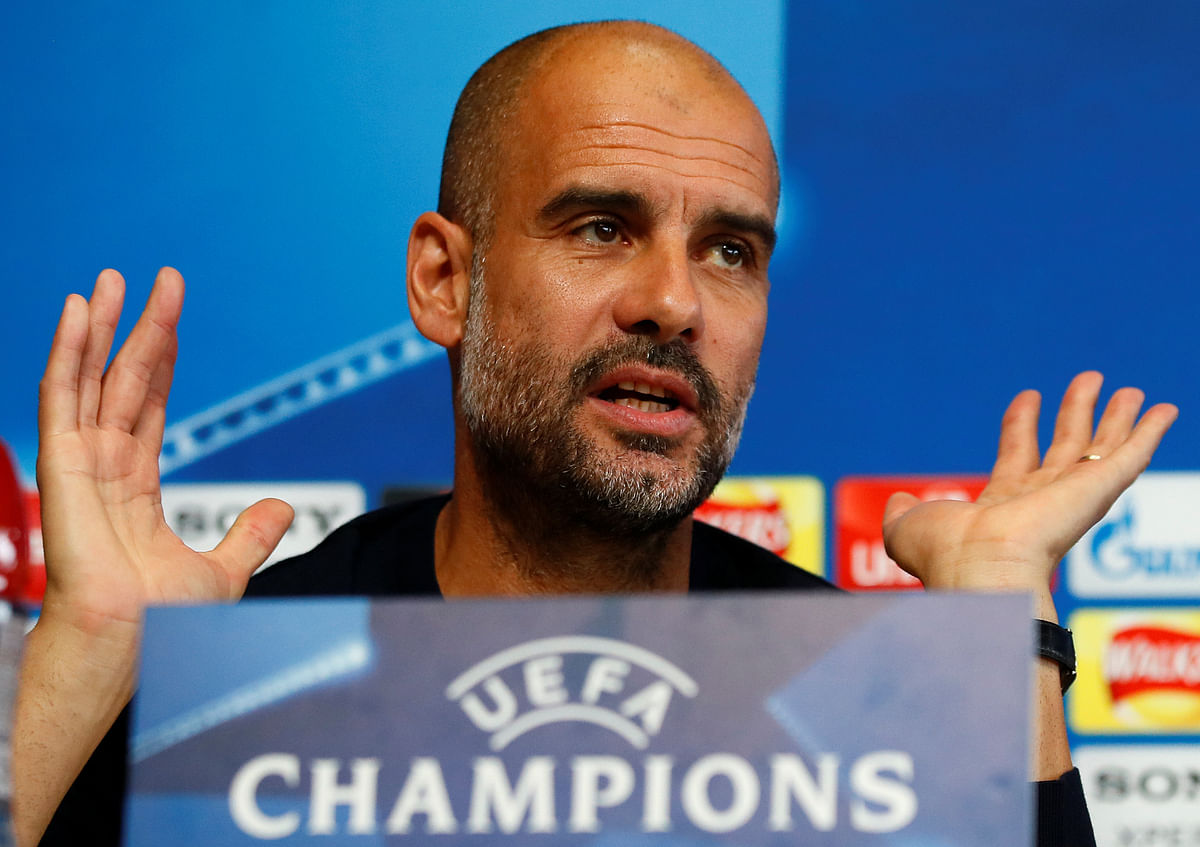 Manchester City manager Pep Guardiola during the Manchester City press conference at City Football Academy, Manchester, Britain on 9 April 2018. Reuters