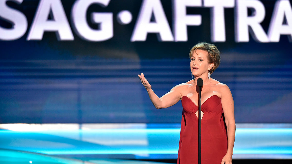 In this 21 January 2018 file photo, SAG-AFTRA president Gabrielle Carteris speaks at the 24th annual Screen Actors Guild Awards in Los Angeles. AP