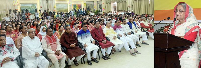 Bangladesh Awami League (AL) president and prime minister Sheikh Hasina speaks at a gathering of her party activists at her official residence Ganabhaban after exchanging Bangla Nababarsha 1425 greetings with them on Saturday. Photo: PID