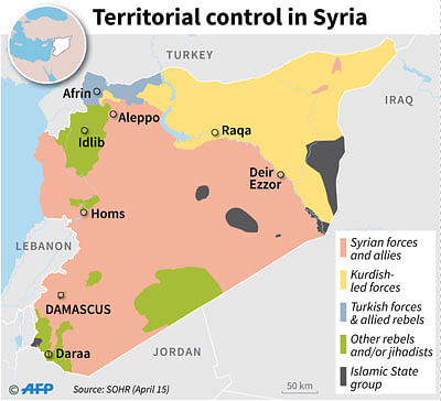 Territorial control in Syria as of 15 April. AFP