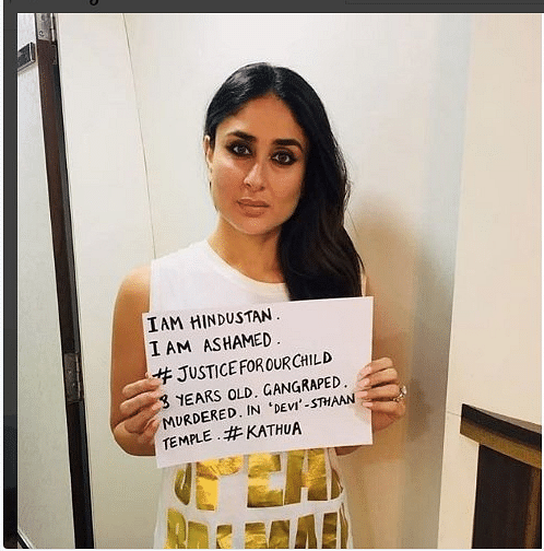 Bollywood actress Kareena Kapoor Khan holds a placard protesting against the brutal rape and murder of a 8-year-old girls in Kathua in Jammu and Kahmir in India.