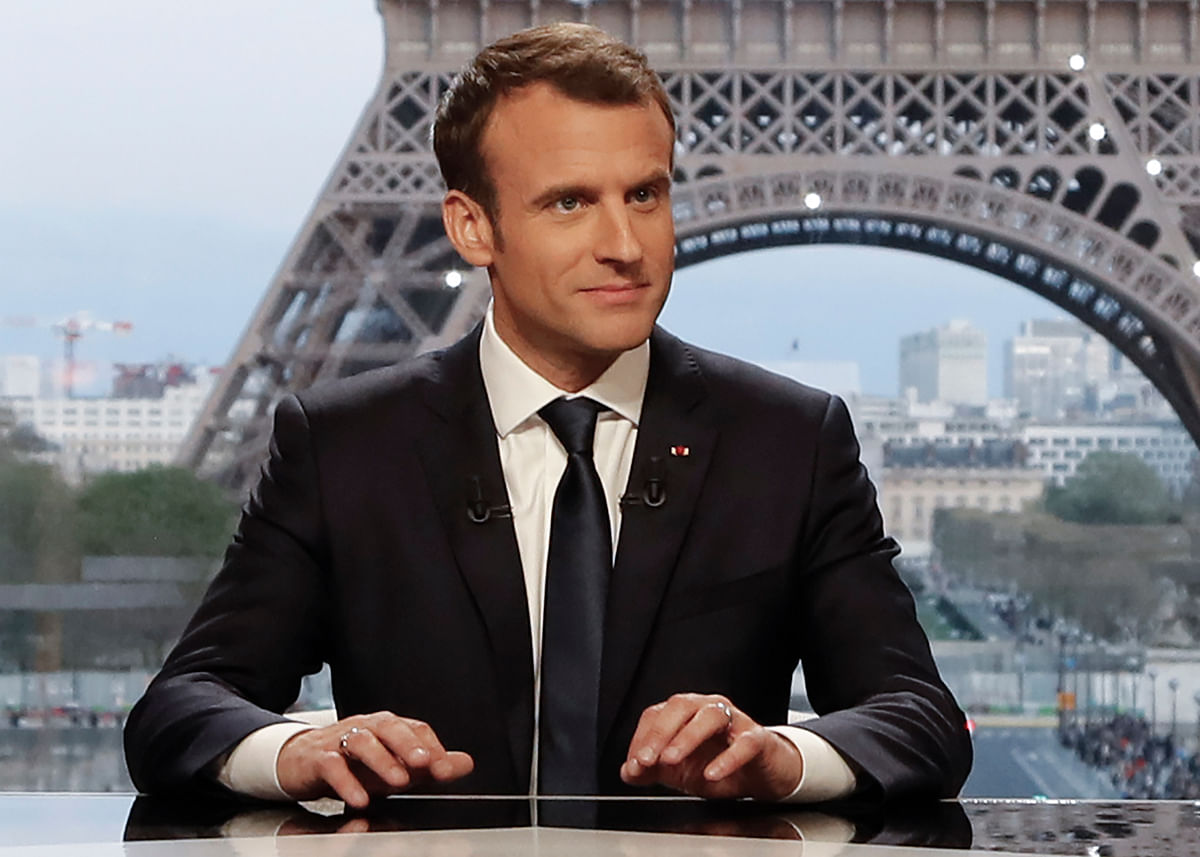French President Emmanuel Macron © poses on the TV set before an interview with RMC-BFM and Mediapart French journalists at the Theatre national de Chaillot in Paris, on Sunday after United States, Britain and France decided to launch air strikes in Syria in response to a suspected chemical weapons attack. Photo: AFP