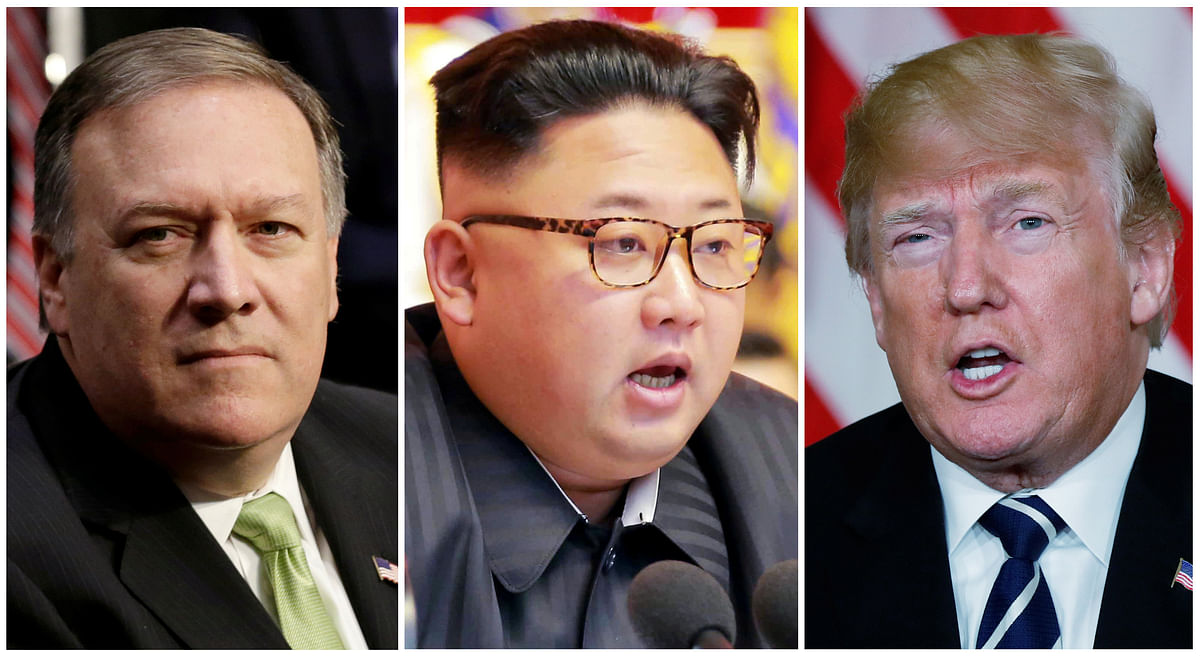 A combination photo of CIA Director Mike Pompeo North Korean leader Kim Jong Un and US President Donald Trump. Photo: Reuters