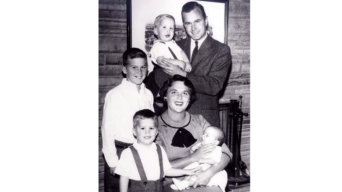 The Bush family portrait in 1956. George Bush, Neil, George W., Barbara, Jeb and Marvin. Reuters