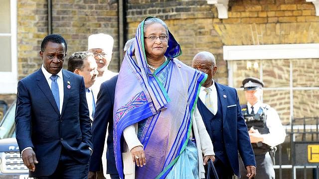 Prime minister Sheikh Hasina enters Lancaster House in London on Thursday. Photo: Focus Bangla