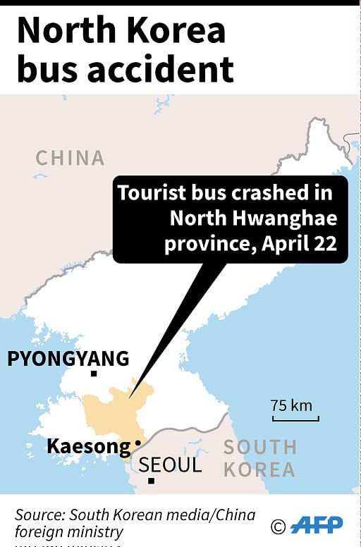 Map locating the North Korean cities a tourist bus was travelling between when it crashed Sunday.  AFP