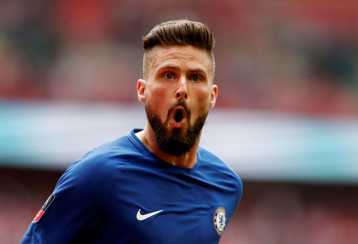 Chelsea’s Olivier Giroud celebrates scoring their first goal against Southampton in Wembley Stadium, London on Sunday. Photo: Reuters