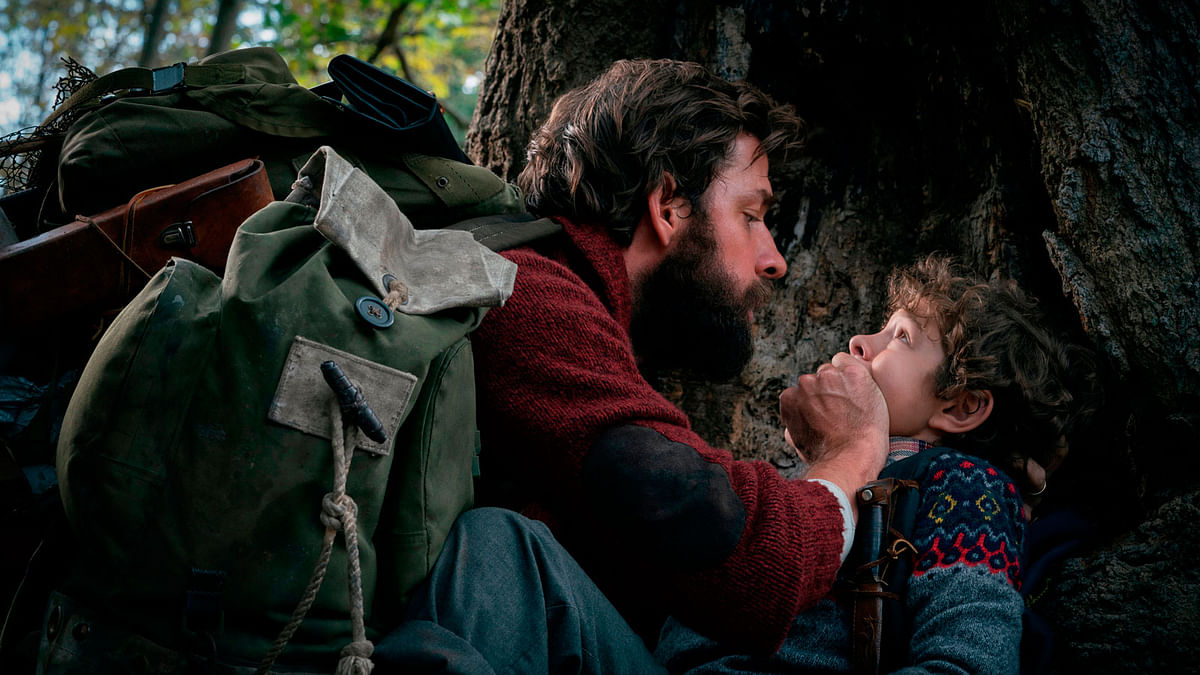 This image released by Paramount Pictures shows John Krasinski, left, and Noah Jupe in a scene from 'A Quiet Place.' Photo: AP